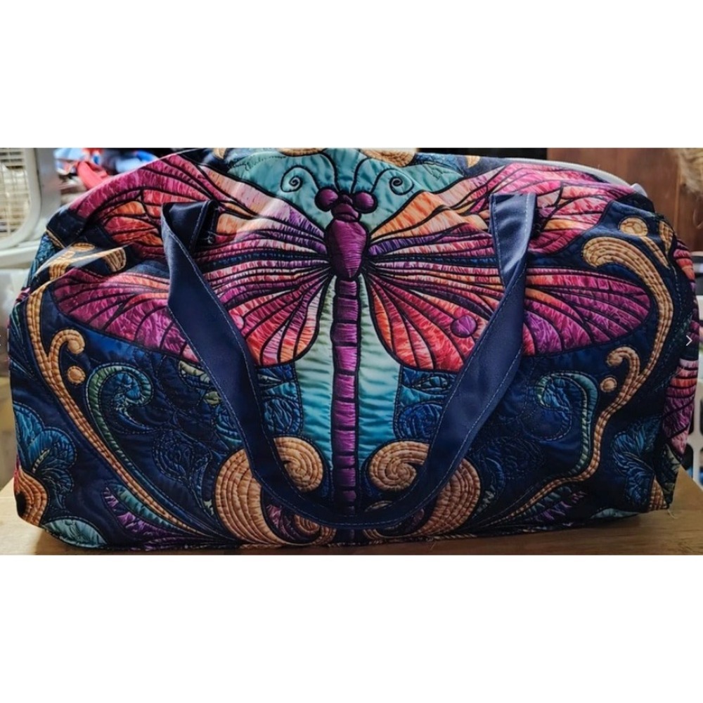 Duffel Bag Travel Weekender Quilted Dragonfly Graphic Print Large Multicolor - Picture 5 of 5